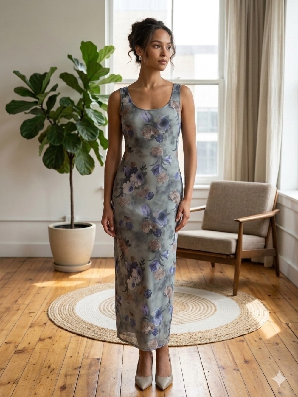 Vintage 90s Scoop-Neck Floral Maxi Dress Sage Blue Whimsigoth Grunge Gothic S/M